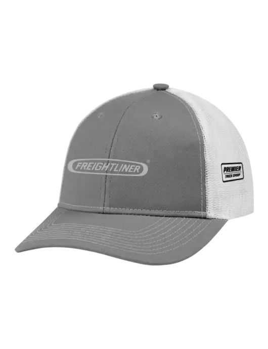 Snapback Ponytail Trucker Cap Light Medium Heather Grey w/White Mesh w/Freightliner Logo, Premier Truck Group Logo