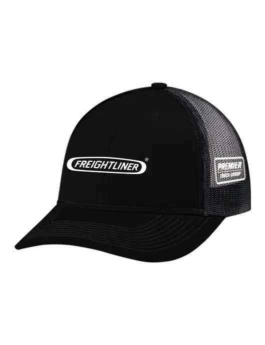 Snapback Ponytail Trucker Cap Black w/Black Mesh w/Freightliner Logo, Premier Truck Group Logo