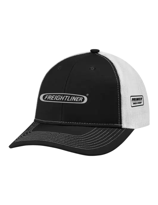 Snapback Ponytail Trucker Cap Black w/White Mesh w/Freightliner Logo, Premier Truck Group Logo