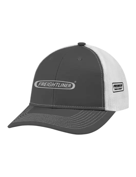 Snapback Ponytail Trucker Cap Dark Grey w/White Mesh w/Freightliner Logo, Premier Truck Group Logo