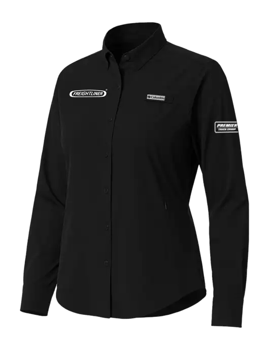 Columbia Black Womens PFG Tamiami II Long Sleeve Shirt w/Freightliner Logo, Premier Truck Group Logo