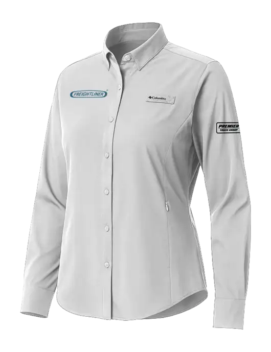 Columbia Grey Womens PFG Tamiami II Long Sleeve Shirt w/Freightliner Logo, Premier Truck Group Logo