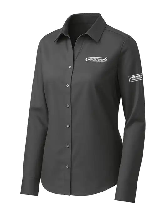 Brooks Brothers Womens Dark Grey Wrinkle-Free Stretch Pinpoint Shirt w/Freightliner Logo, Premier Truck Group Logo