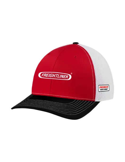 Richardson Adjustable Snapback Original 112 Trucker Cap Black/Red/White Mesh w/Freightliner Logo, Premier Truck Group Logo