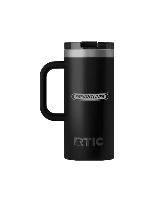 RTIC Road Trip 16 oz Black Travel Mug w/Freightliner Logo, Premier Truck Group Logo