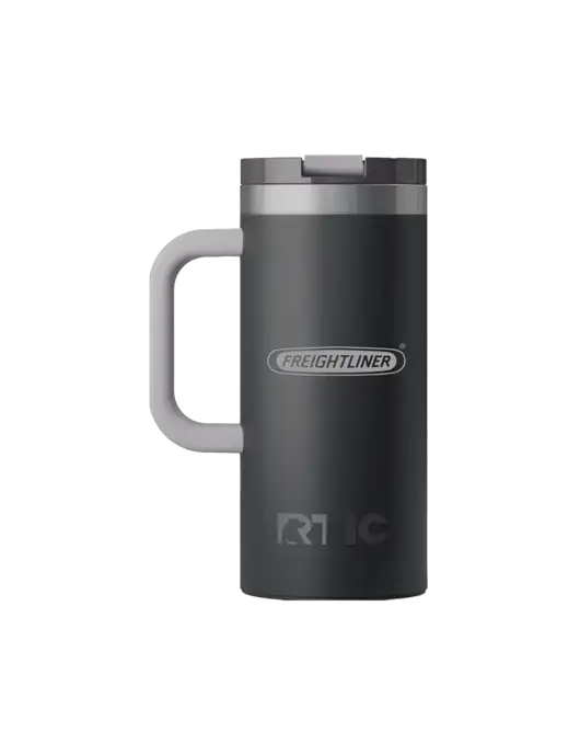 RTIC Road Trip 16 oz Charcoal Travel Mug w/Freightliner Logo, Premier Truck Group Logo