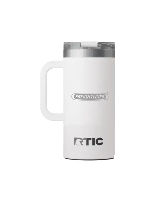 RTIC Road Trip 16 oz White Travel Mug w/Freightliner Logo, Premier Truck Group Logo