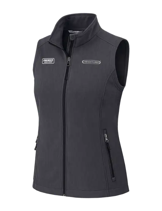 Charcoal Heather Womens Core Soft Shell Vest w/Freightliner Logo, Premier Truck Group Logo