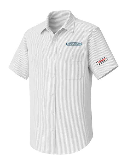 Red Kap Short Sleeve Striped Grey/White Industrial Work Shirt w/Freightliner Logo, Premier Truck Group Logo
