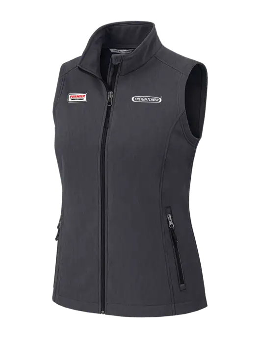 Charcoal Heather Womens Core Soft Shell Vest w/Freightliner Logo, Premier Truck Group Logo