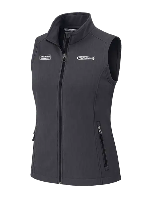Charcoal Heather Womens Core Soft Shell Vest w/Freightliner Logo, Premier Truck Group Logo