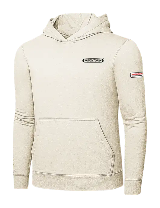 Very Light Tan 7.8 oz Ring Spun Hooded Sweatshirt w/Freightliner Logo, Premier Truck Group Logo