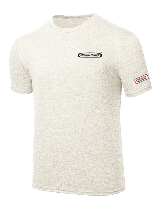 Simply Soft Very Light Tan Heather 4.5oz Poly/Combed Ring Spun Cotton T-Shirt w/Freightliner Logo, Premier Truck Group Logo