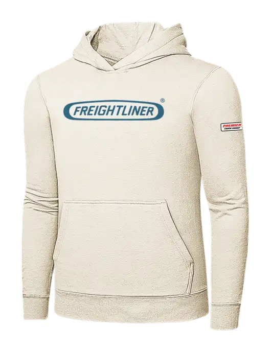 Very Light Tan 7.8 oz Ring Spun Hooded Sweatshirt w/Freightliner Logo, Premier Truck Group Logo