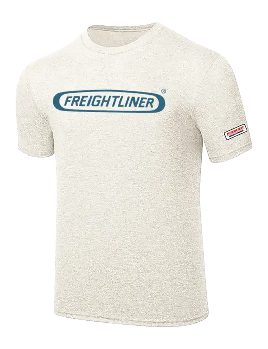 Simply Soft Very Light Tan Heather 4.5oz Poly/Combed Ring Spun Cotton T-Shirt w/Freightliner Logo, Premier Truck Group Logo