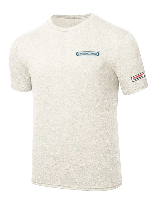 Simply Soft Very Light Tan Heather 4.5oz Poly/Combed Ring Spun Cotton T-Shirt w/Freightliner Logo, Premier Truck Group Logo