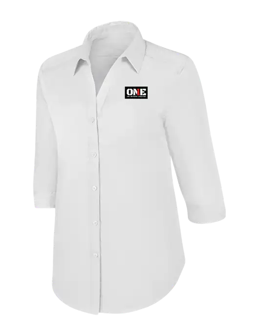 Womens White 3/4 Sleeve Carefree Poplin Shirt w/ONE Logo