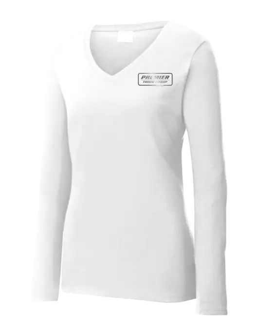 Womens  V-Neck Ring Spun White 4.5 oz Long Sleeve T-Shirt w/Premier Truck Group Logo