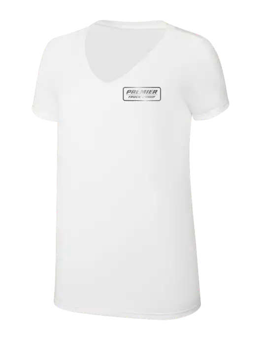 Womens Simply Soft V-Neck White 4.5oz  Poly/Combed Ring Spun Cotton T-Shirt w/Premier Truck Group Logo
