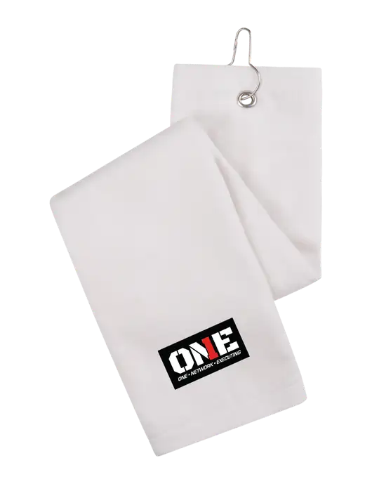 White Tri-Fold Golf Towel with Grommet w/ONE Logo