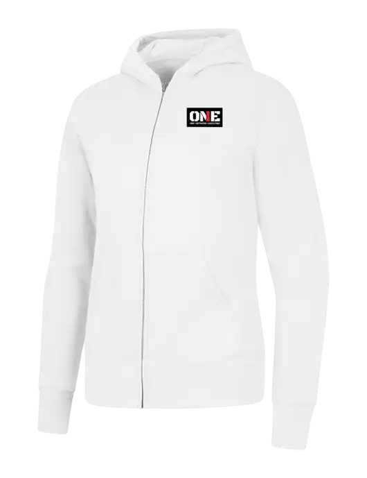 White Womens Core Fleece Full-Zip Hooded Sweatshirt w/ONE Logo