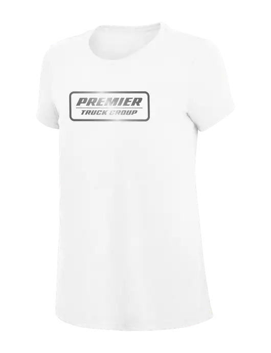 Womens Simply Soft White 4.5oz Poly/Combed Ring Spun Cotton T-Shirt
 w/Premier Truck Group Logo