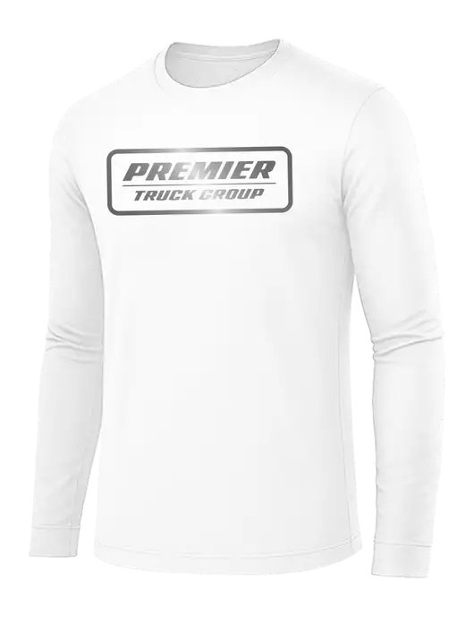 Long Sleeve White PosiCharge Competitor Tee w/Premier Truck Group Logo