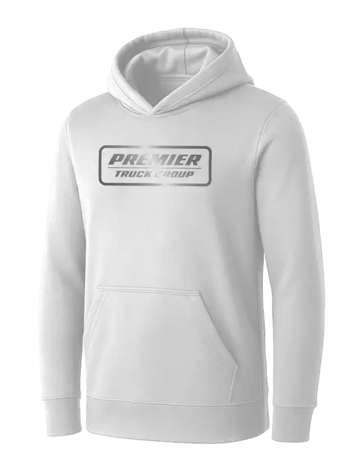 Womens White Core Fleece Pullover Hooded Sweatshirt w/Premier Truck Group Logo