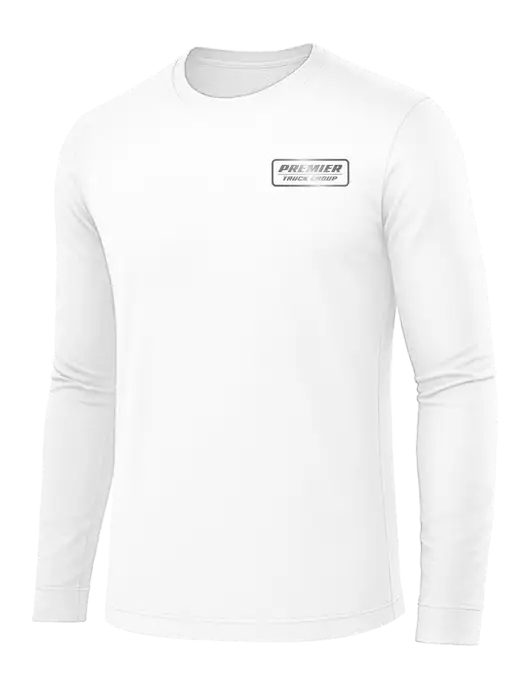 Long Sleeve White PosiCharge Competitor Tee w/Premier Truck Group Logo