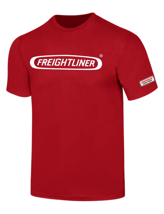 Simply Soft Red 4.5oz  Poly/Combed Ring Spun Cotton T-Shirt w/Freightliner Logo, Premier Truck Group Logo